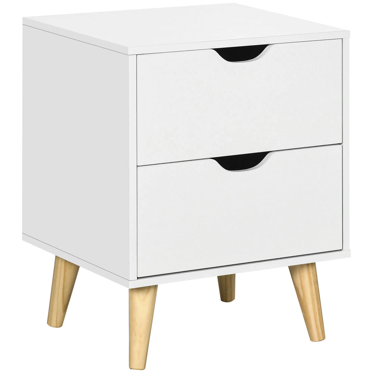 Modern Bedside Table, Nightstand with 2 Drawers and Pine Wood Legs for Bedroom, Living Room, White
