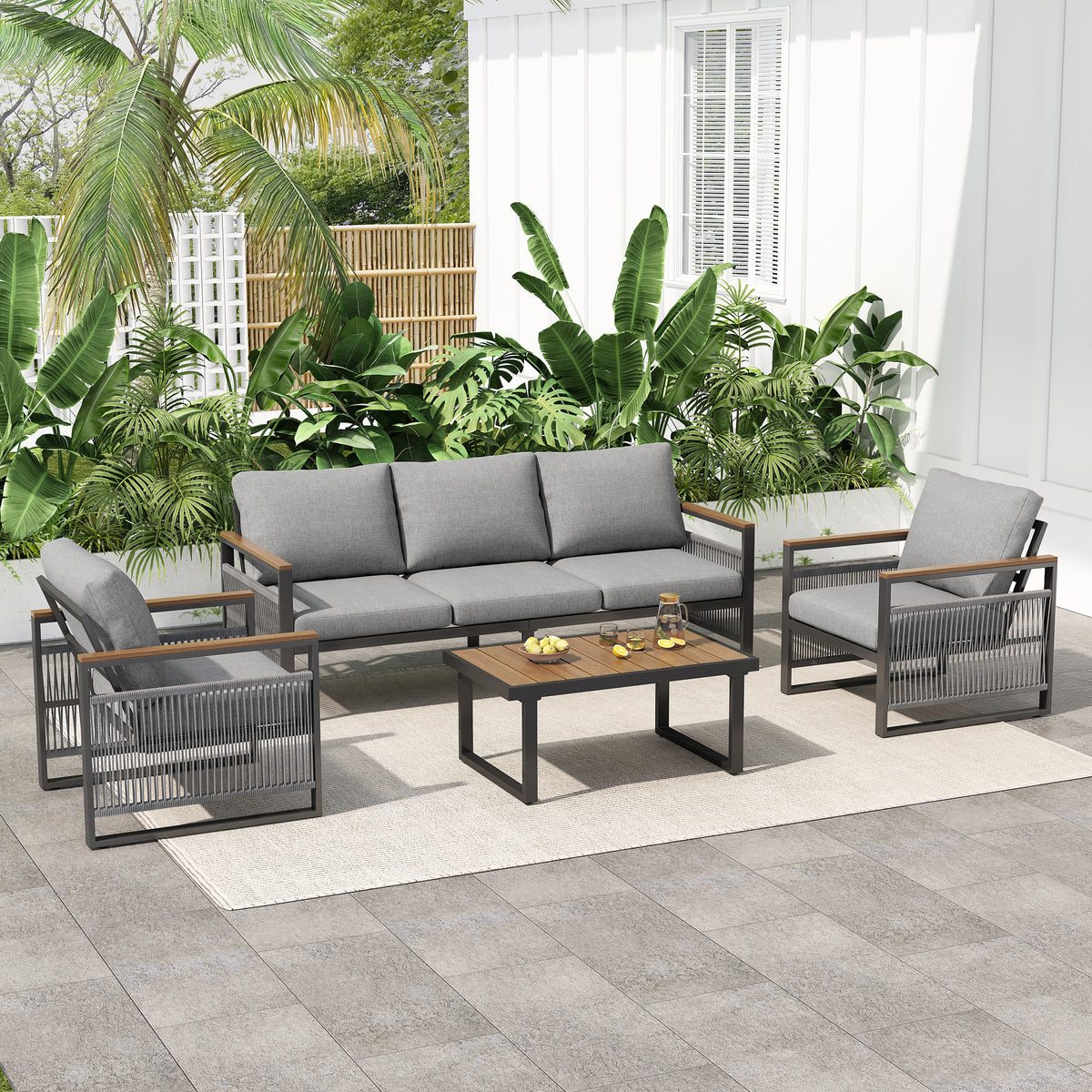 4-Pieces Outdoor Metal Patio Furniture Set, 5-Seat Patio Furniture