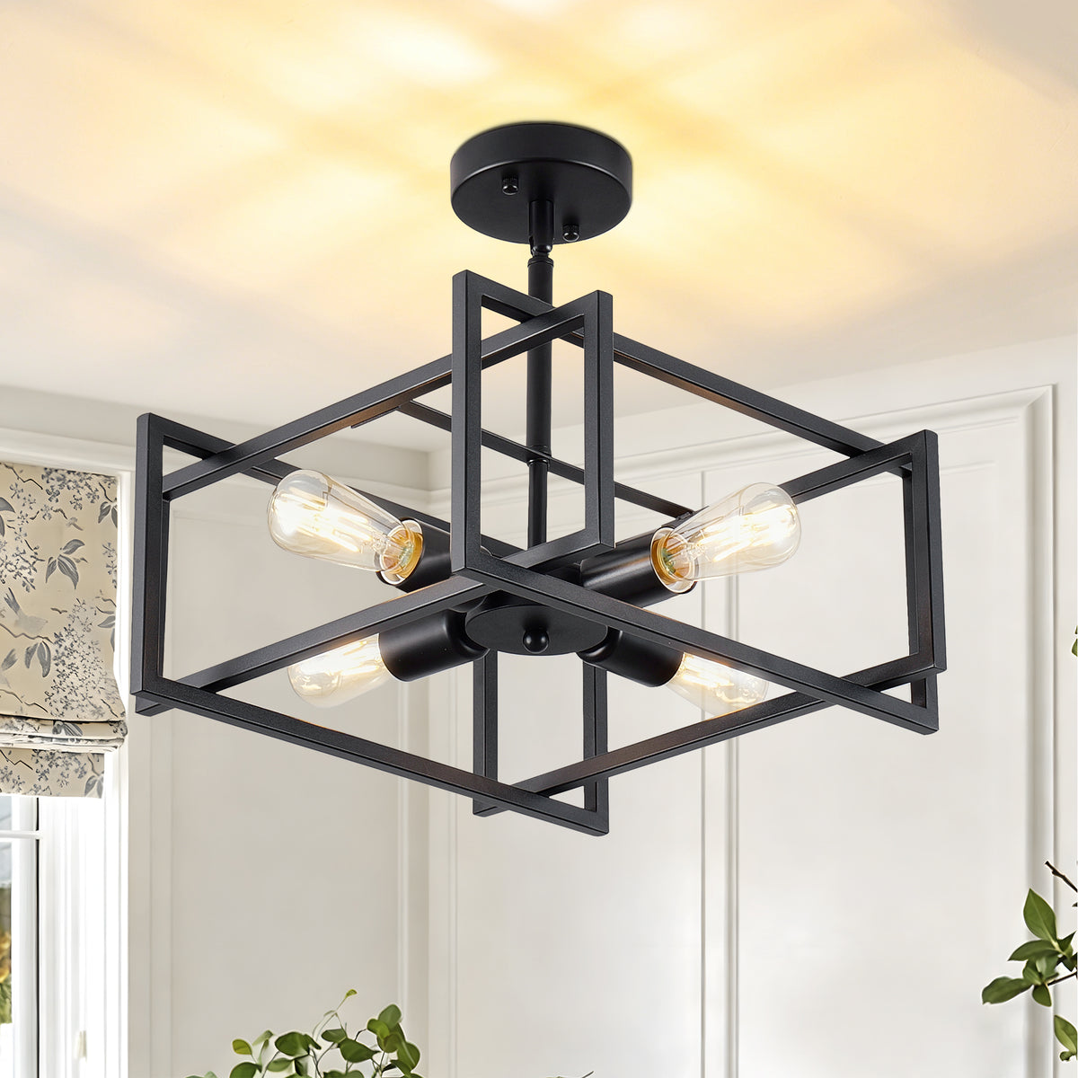 Industrial 4-Light Flush Mount Ceiling Light, Black