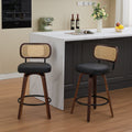 Set Of 2 Counter Height Bar Stools - 26 Inch Rattan Counter Height Stools With Cane Back, Upholstered Seat, Walnut Craftsmanship, Swivel Counter Stools For Island Kitchen Counter Bar - Walnut Black