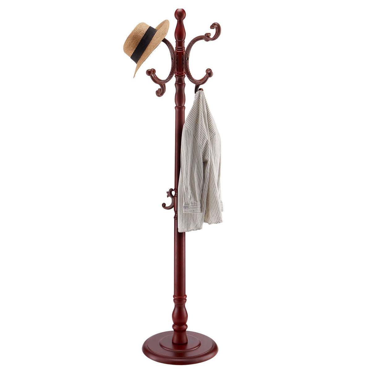 Freestanding Wooden Coat Rack Stand With Weighted Base and 11 Hooks, Hall Coat Tree For Entryway, Bedroom, Living Room
