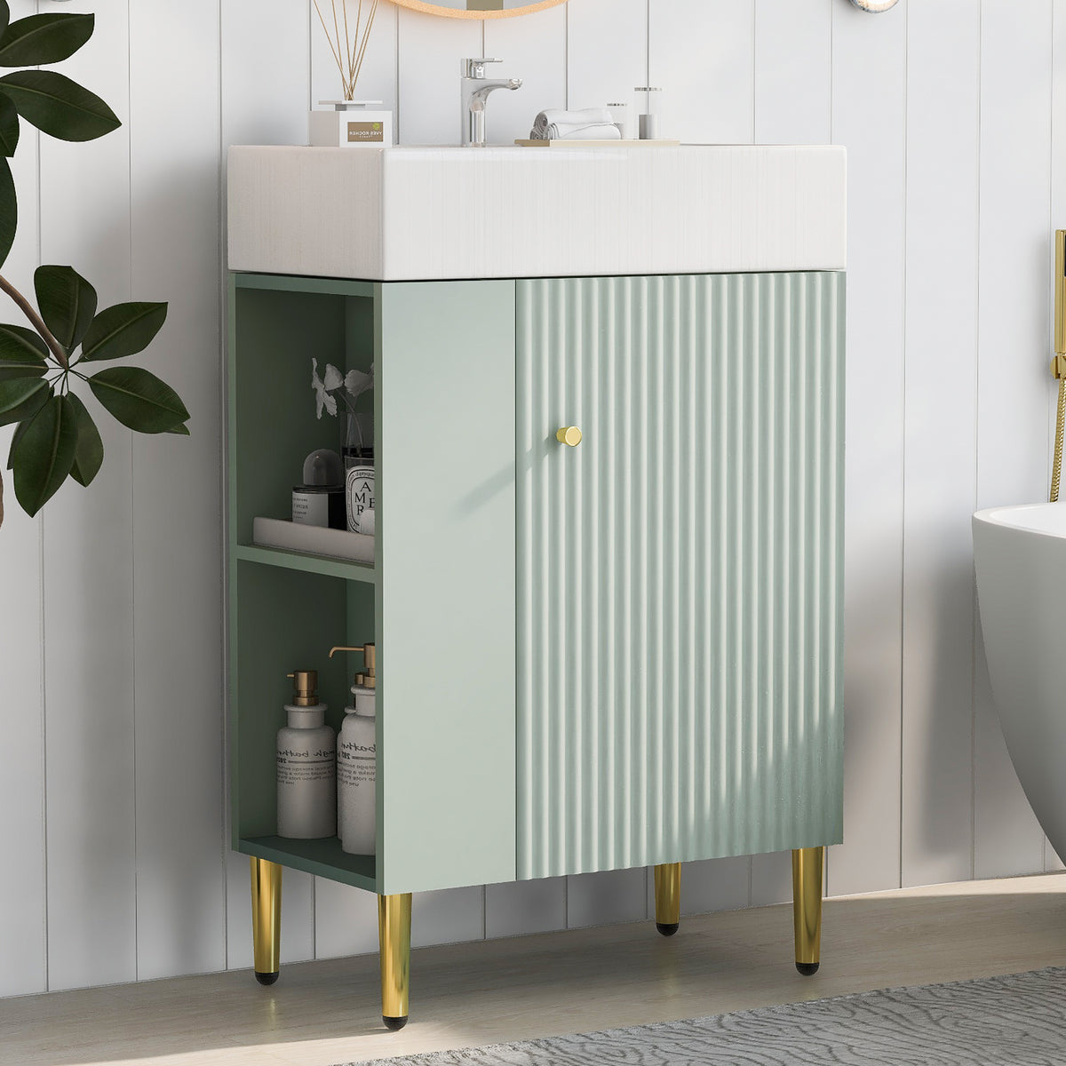 21.6" Green Bathroom Vanity, Combo Cabinet, Bathroom Storage Cabinet, Single Ceramic Sink