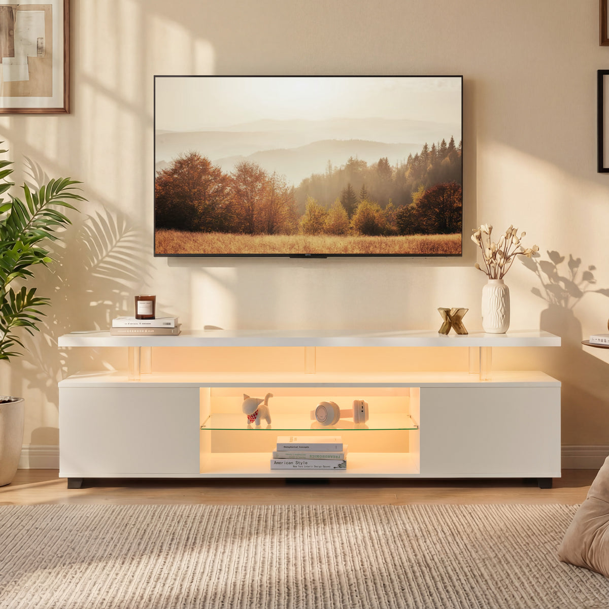 70 Modern TV Stand With 2-Door Storage, Faux Stone Media Console Cabinet