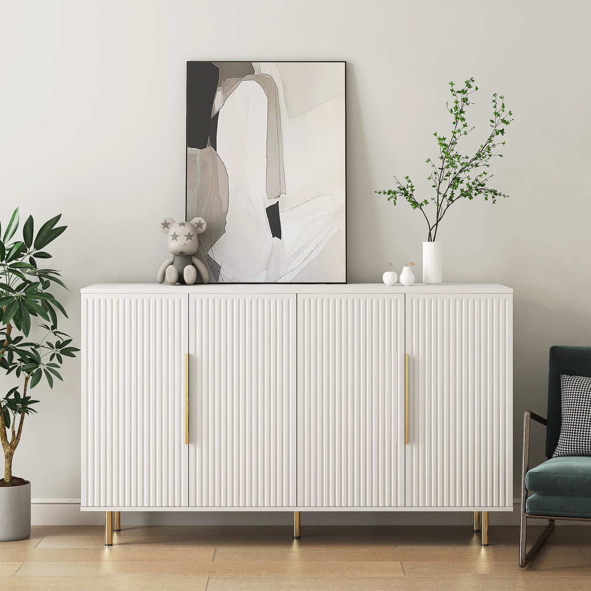 White Modern Buffet Cabinet With Storage, Fluted Sideboard Large Buffet With Adjustable Shelves, Credenza, Accent Cabinet Console Table
