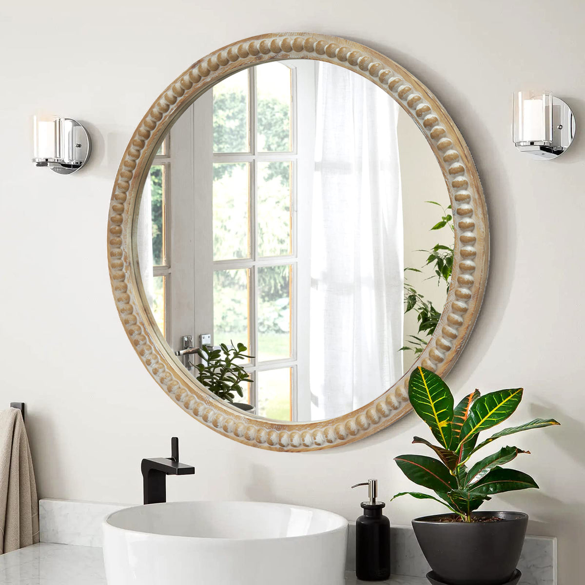 Round Beaded Wood Wall Mirror, Distressed, 31.5 in