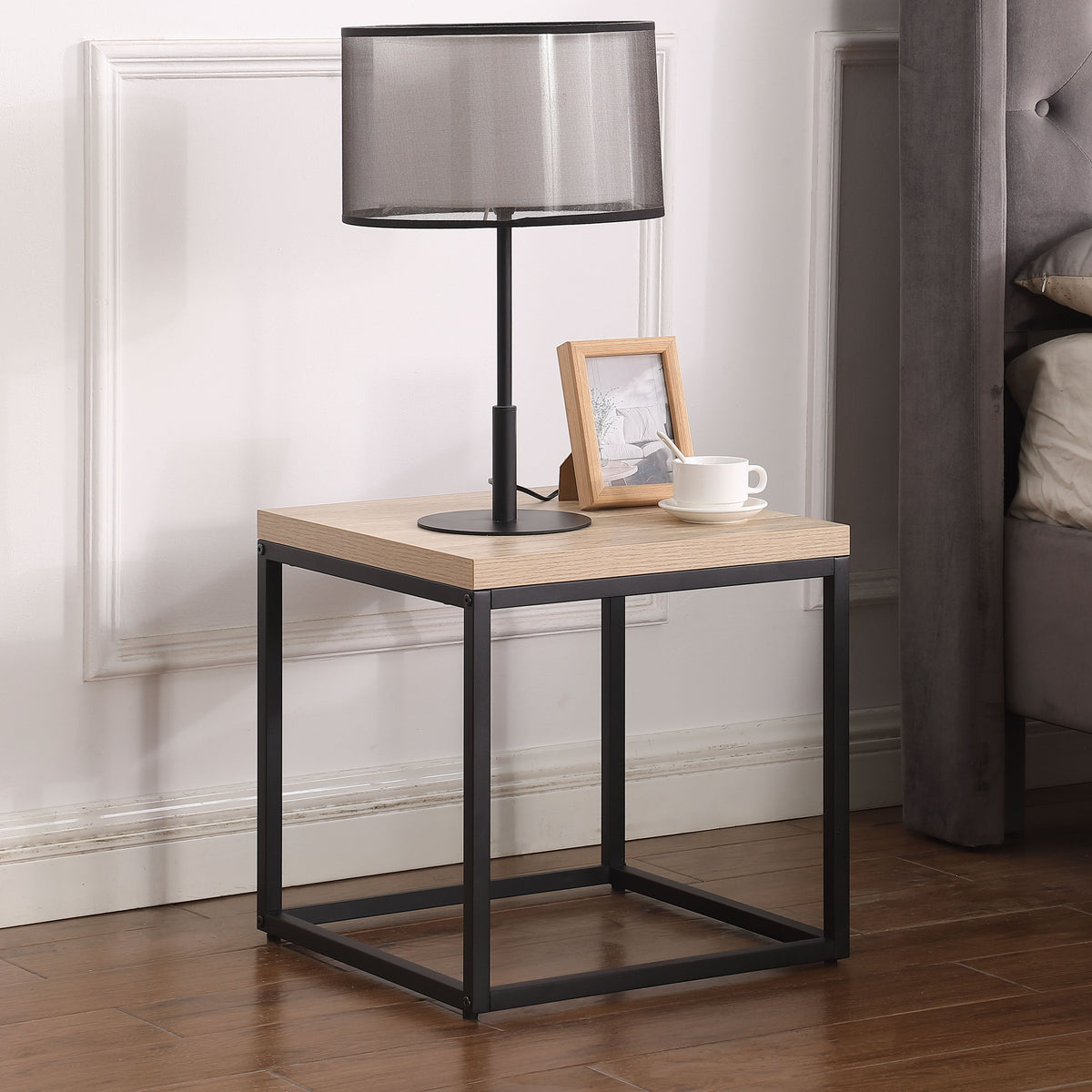 End Table Side Table, Square Wood And Metal Nightstand, Storage Small End Table For Living Room Bedroom, Natural Oak