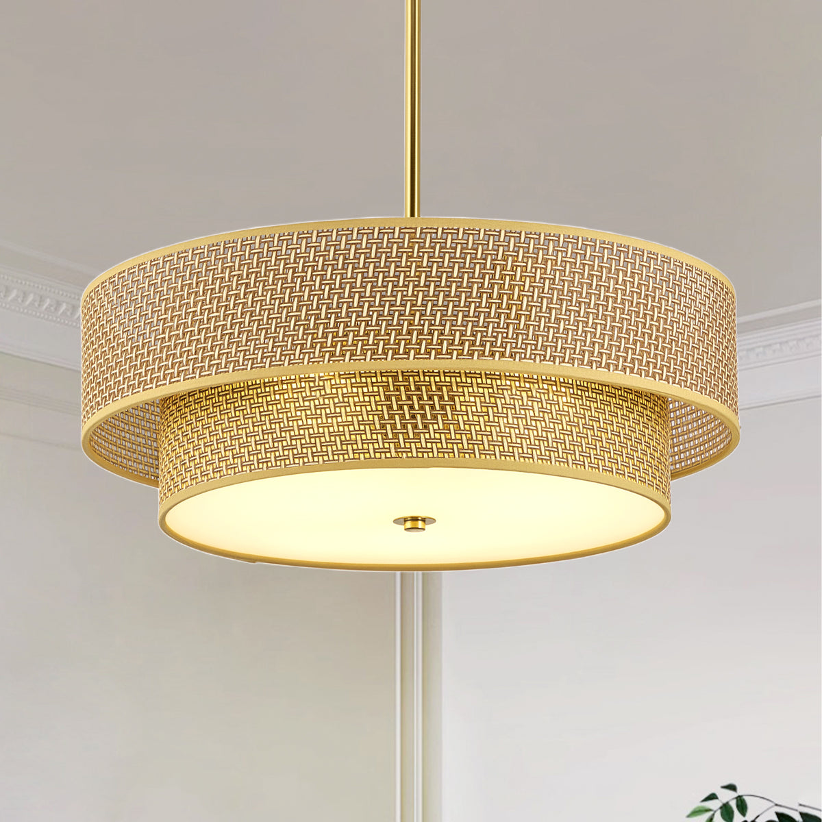 Rattan & Linen Semi-Flush Ceiling Light, 17.7 in, Gold