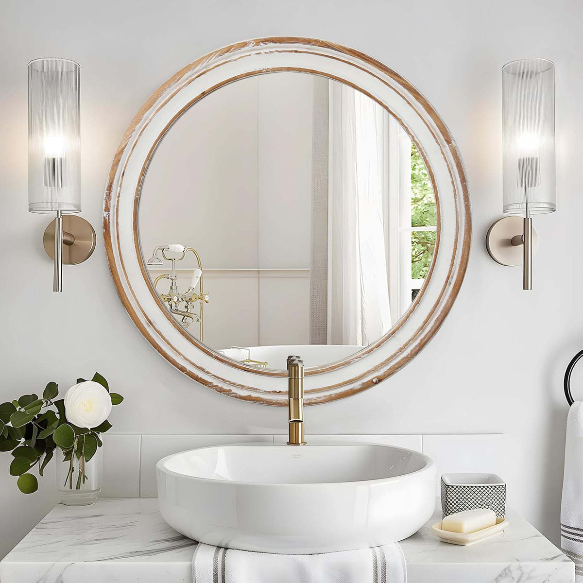 23.62 Inch Round Wall Mirror, Wooden Farmhouse Circle Mirror For Bathroom Vanity Bedroom Entryway