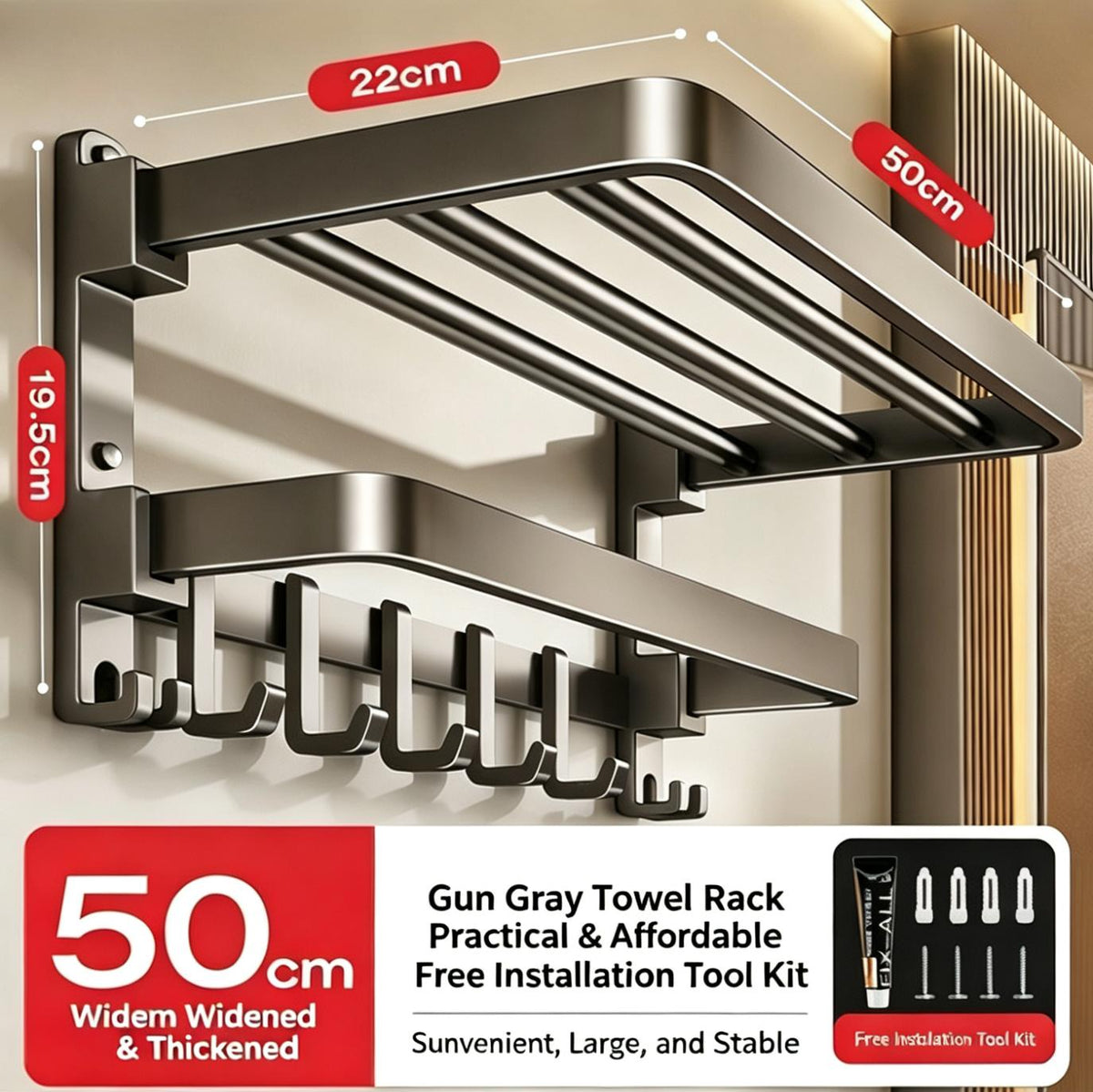 Gunmetal Grey Foldable Double Towel Rack Space Aluminum Bathroom