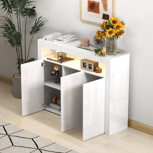 Living Room Sideboard Storage Cabinet Black High Gloss With LED Lights
