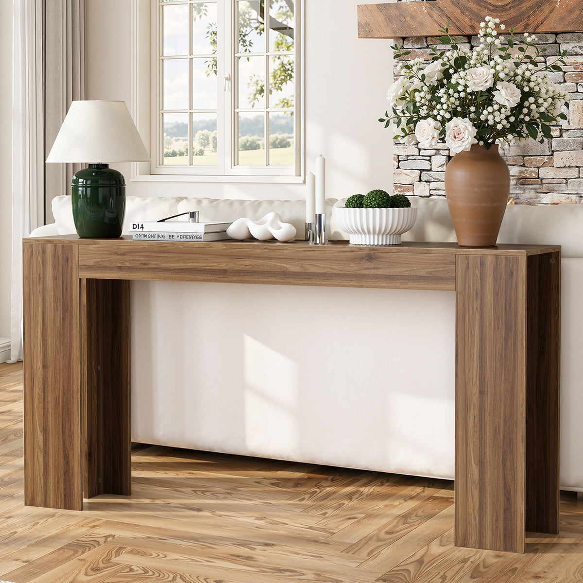Black Wood Console Table, 59in Entryway Table, Curved Waterfall-style