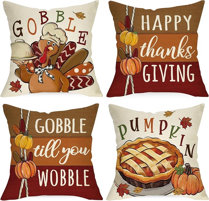 Happy Thanksgiving Throw Pillow Covers, 18 x 18 in, Set of 4