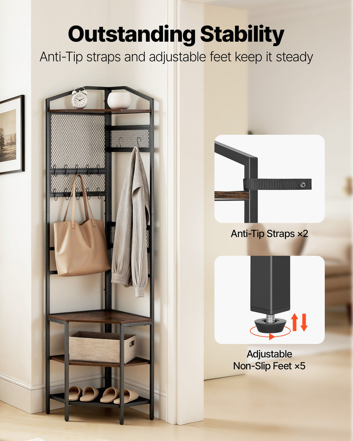 Corner Hall Tree, 71.3 In Coat Rack With Hooks, Top Shelf For Entryway