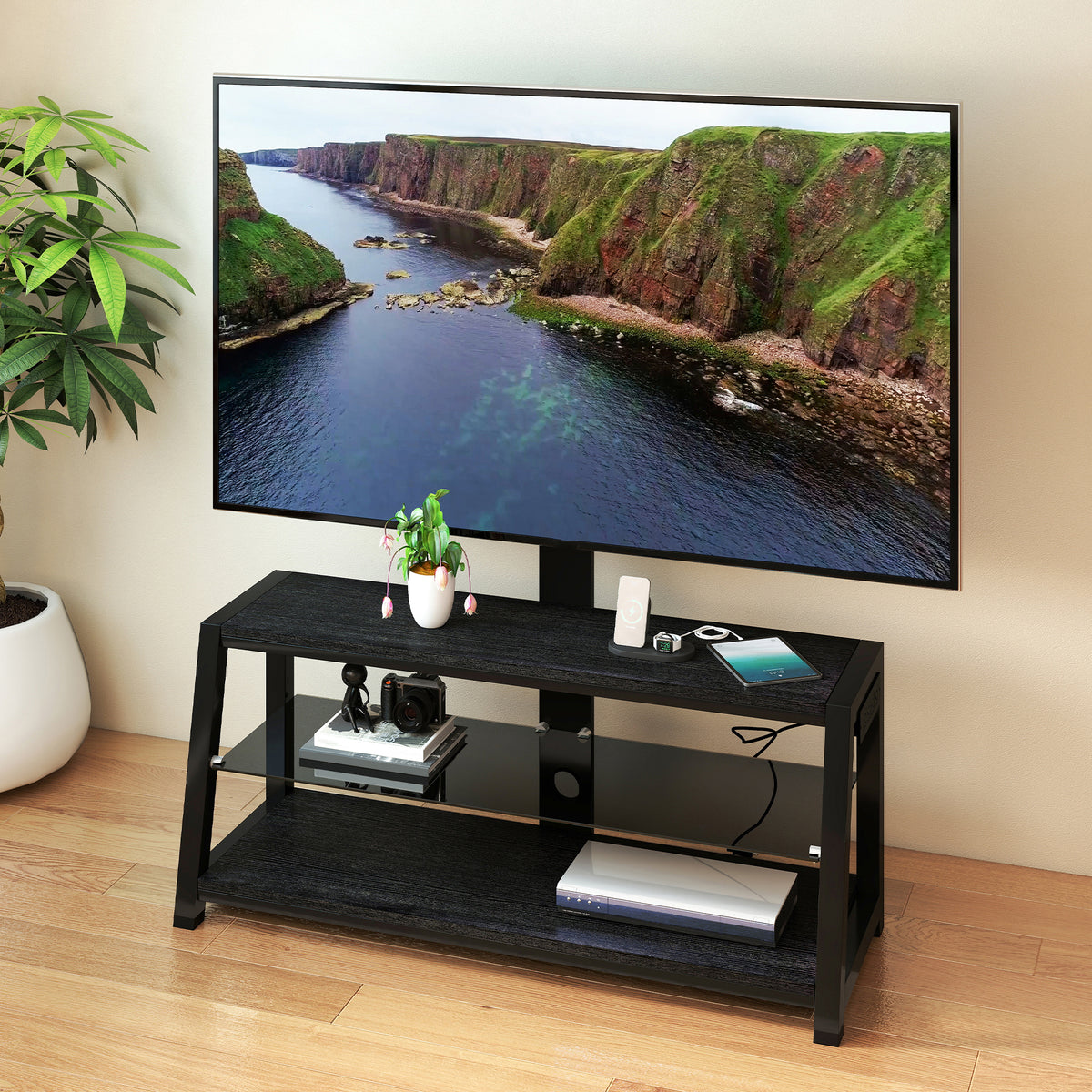 Wooden Storage TV Stand Black Tempered Glass Height Adjustable Universal Swivel Entertainment Center With Mount TV Stand - Black
