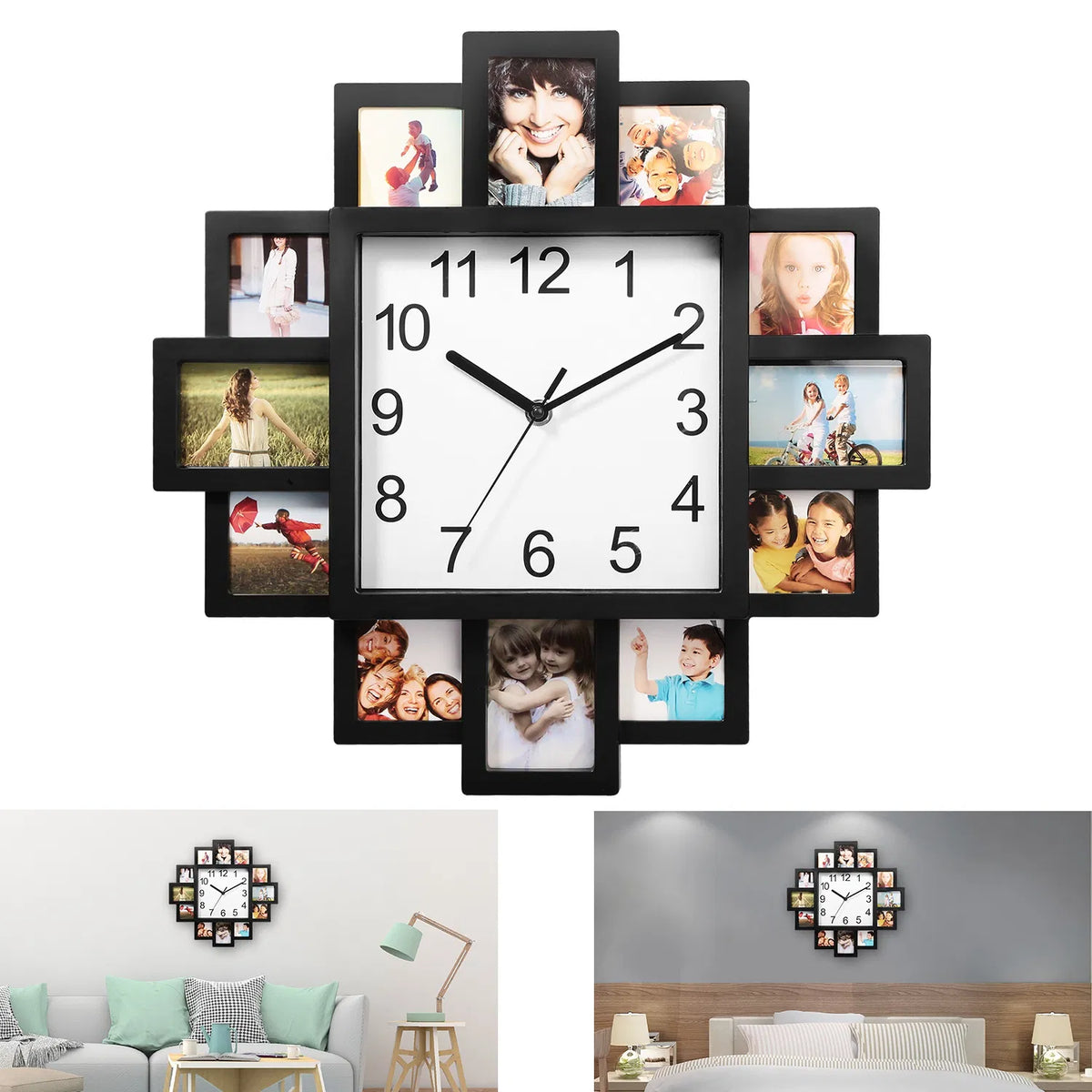 Photo Frame Wall Clock 12-Picture Collage Display