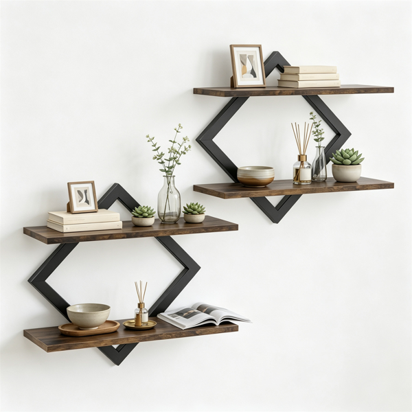 2-Tier Floating Wall Shelves, Diamond Metal Frame, Set of 2