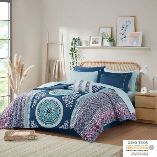 Boho Comforter Set With Sheets, Queen, Navy