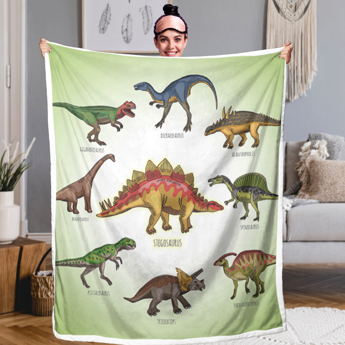 Dinosaur Sherpa Fleece Throw Blanket, 51 x 59 in, Green