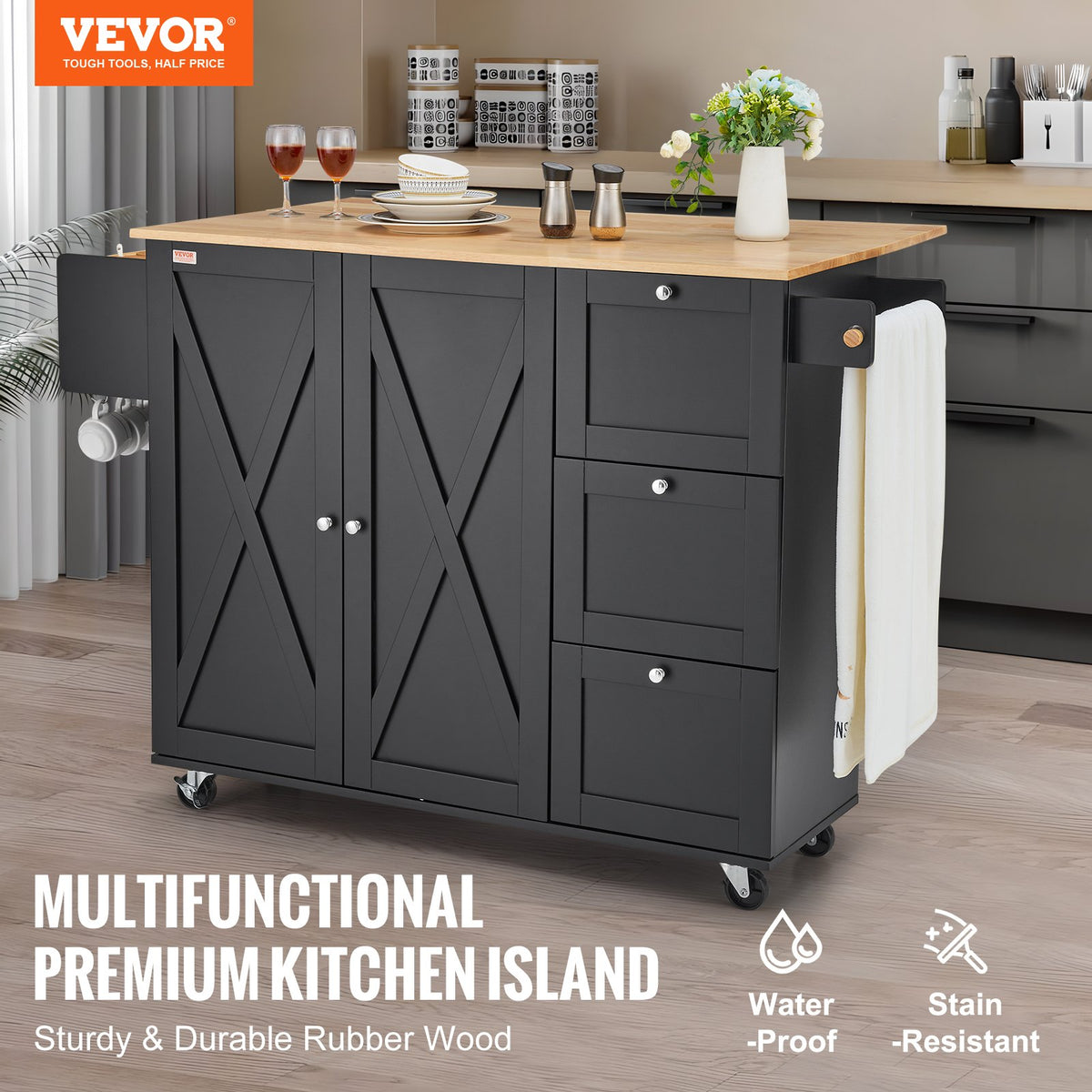 Kitchen Island Cart Rolling Storage Cabinet On Wheel With Drawer & Shelves