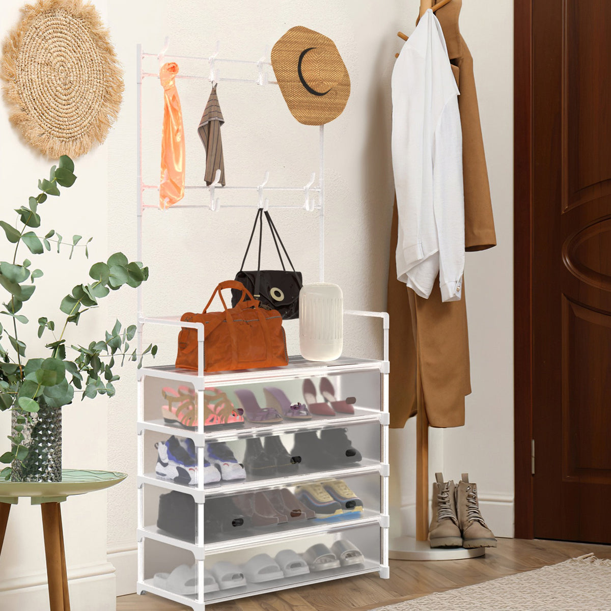 5 Tier Shoe Rack With Coat Rack For Front Door Bedroom Entryway