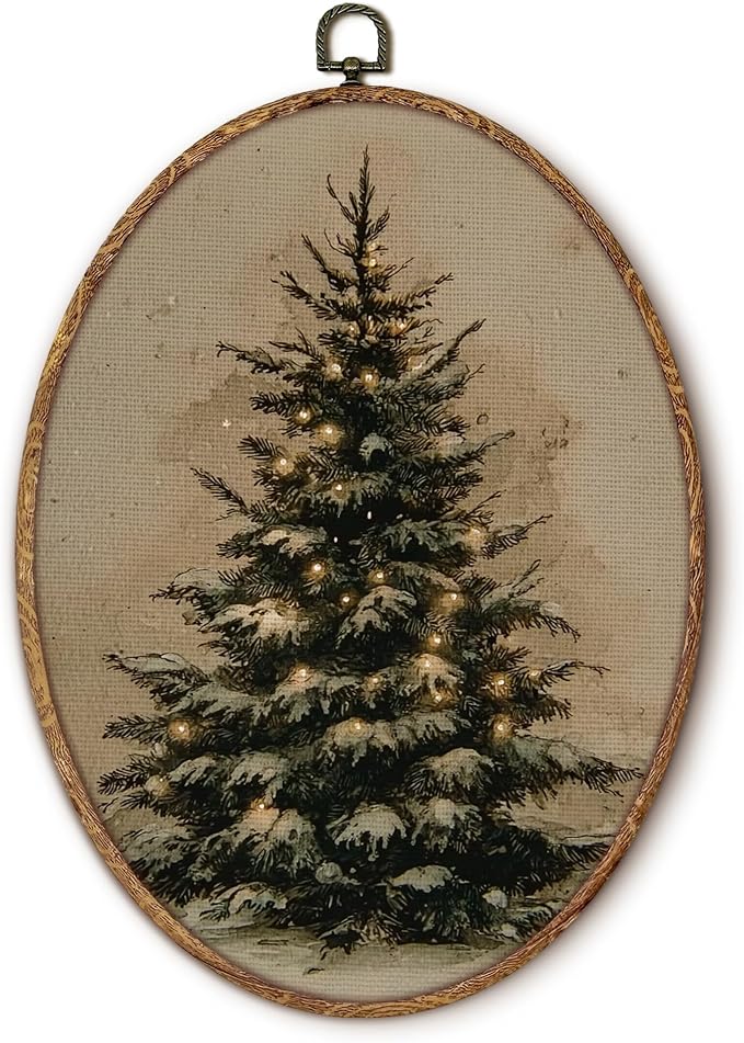 Vintage Christmas Tree Framed Wall Art Rustic Oval Winter Pine