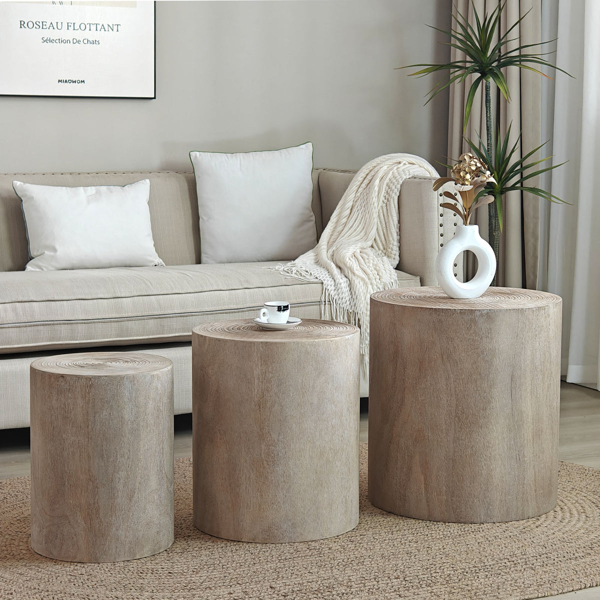 Set Of 3, Rounded Wood Coffee Tables, End Tables, Plant Stands, Decor