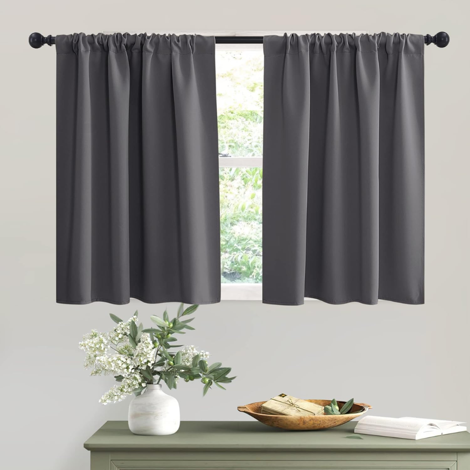 Short Grey Blackout Curtains, 2 Panels