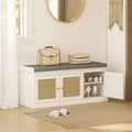 Shoe Storage Bench with Woven Rattan Doors, Shoe Bench with Cushion, Adjustable Shelves, Entryway Bench, White