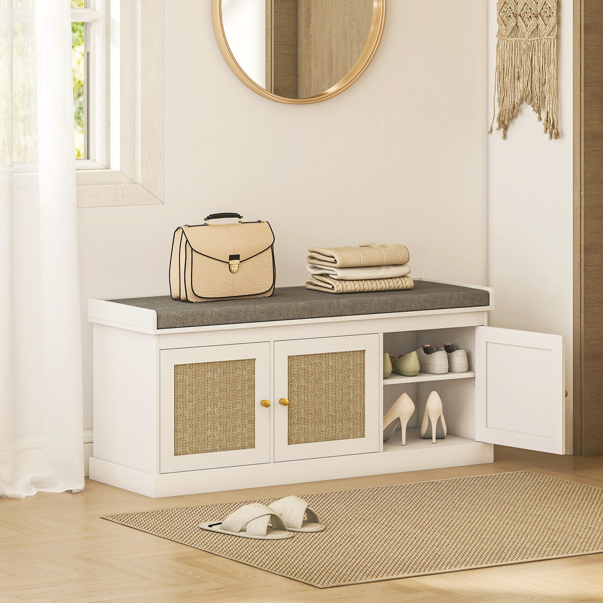 Shoe Storage Bench with Woven Rattan Doors, Shoe Bench with Cushion, Adjustable Shelves, Entryway Bench, White