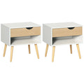 Set of 2 Bedside Table with Drawer and Shelf, Modern Nightstand with Wooden Legs, End Table for Bedroom, White