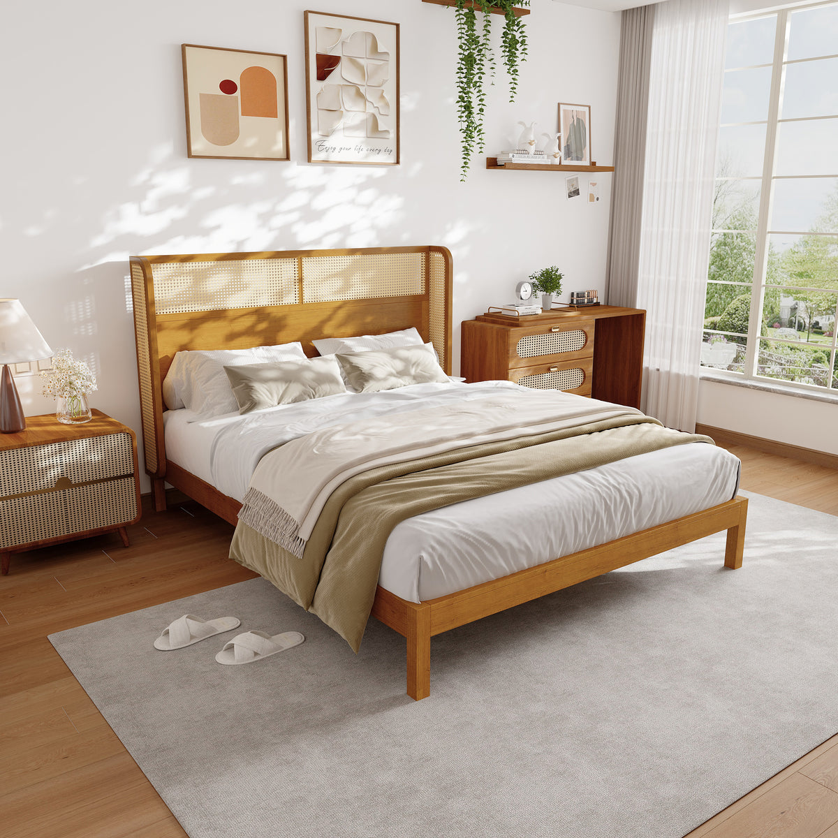 Premium Rubber Wood Platform Bed Frame Queen With Headboard