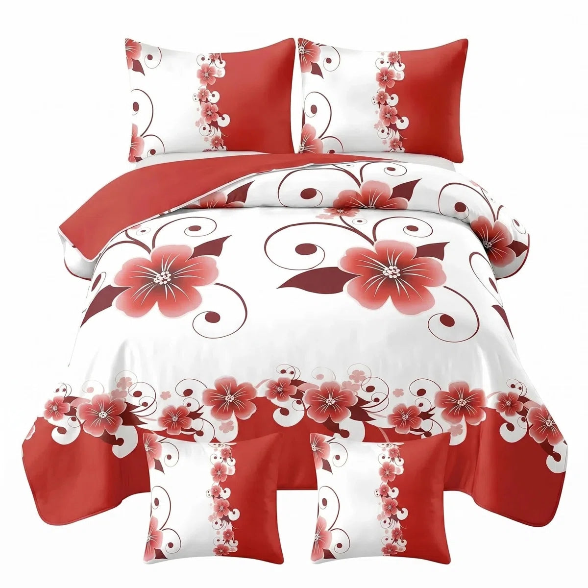 Red White Floral Duvet Cover Set 5-Piece