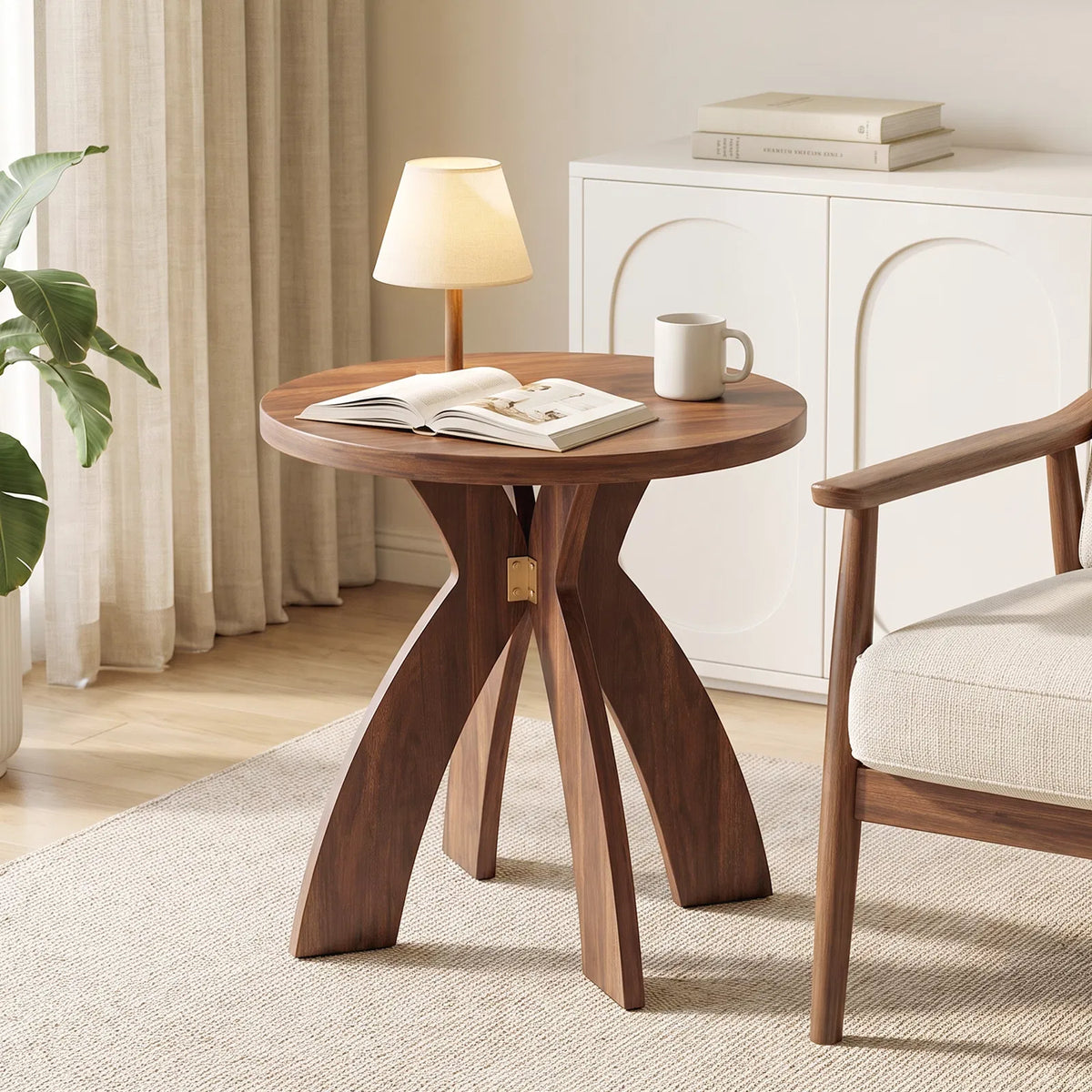 Round Side Table, 23.6 Inch Circular End Table with Curved Cross Legs, Melamine Top