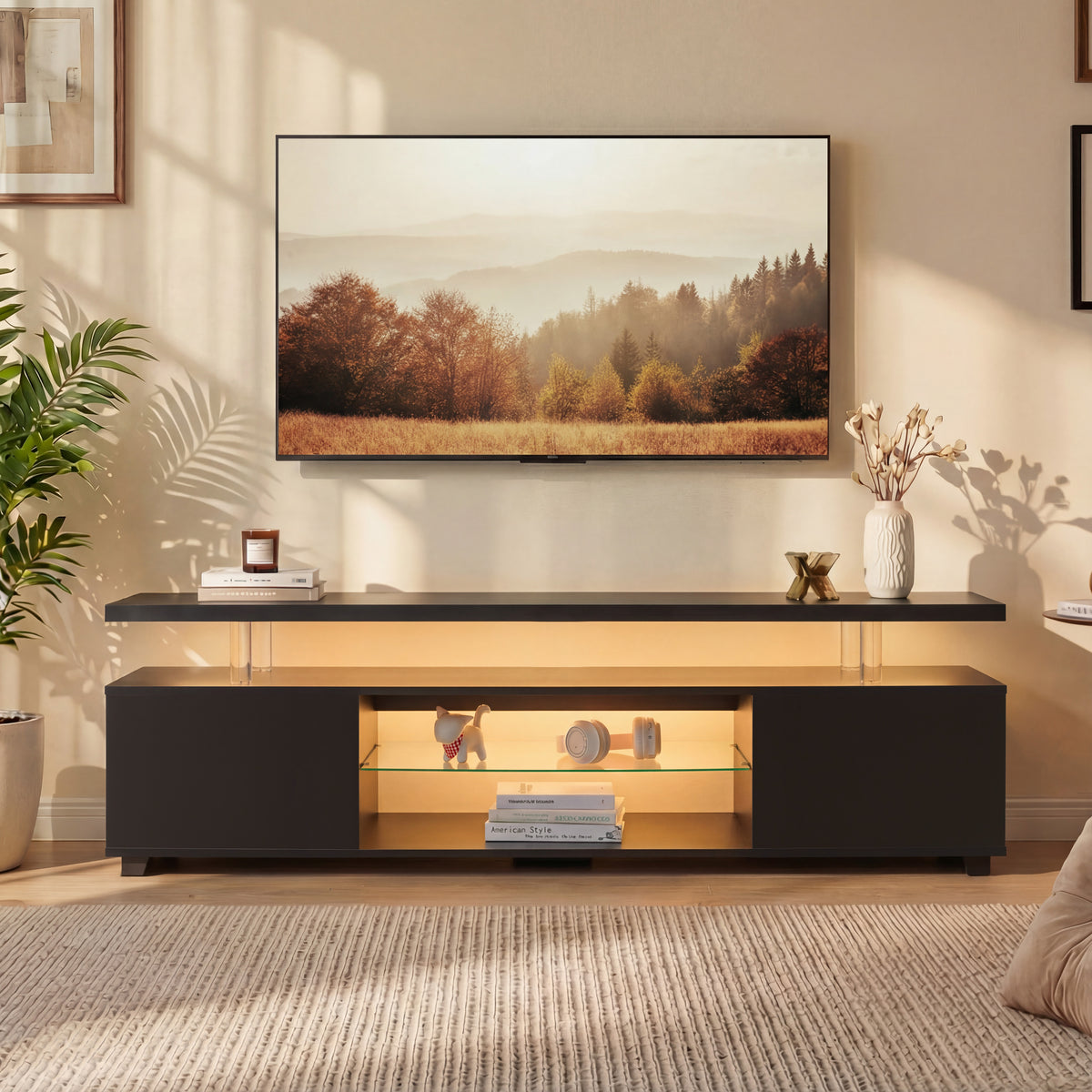 Boho TV Stand For 65, 75, 85 Inch TV, Entertainment Center With Open Shelves