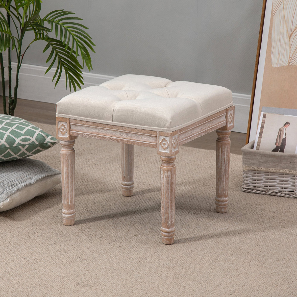 Ottoman Bench Vintage Footrest Button Tufted Seat