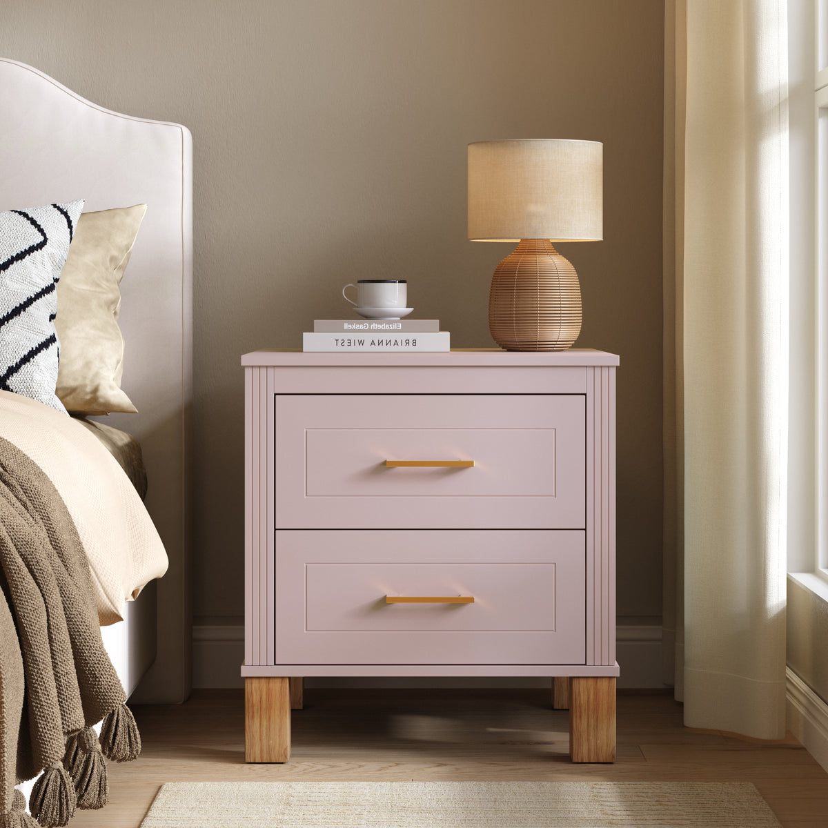 2 Drawer Nightstand, Premium Wood Storage With Elegant Fluted Design, Solid Wood Legs Nightstand With Metal Handle, Tall Bedside Table For Bedroom Living Room, Pink