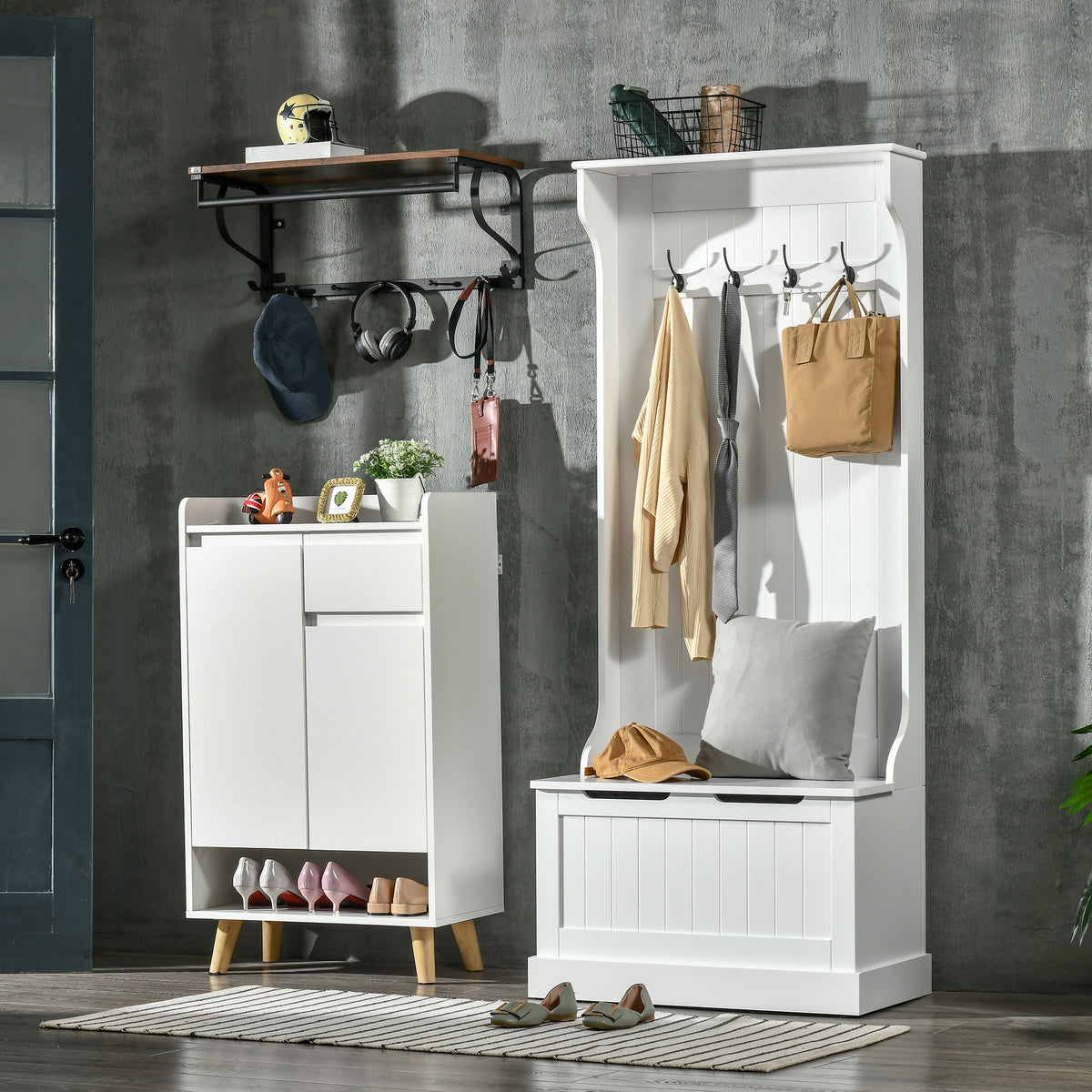 Hall Tree With Coat Rack, Storage, And Sitting Bench, White