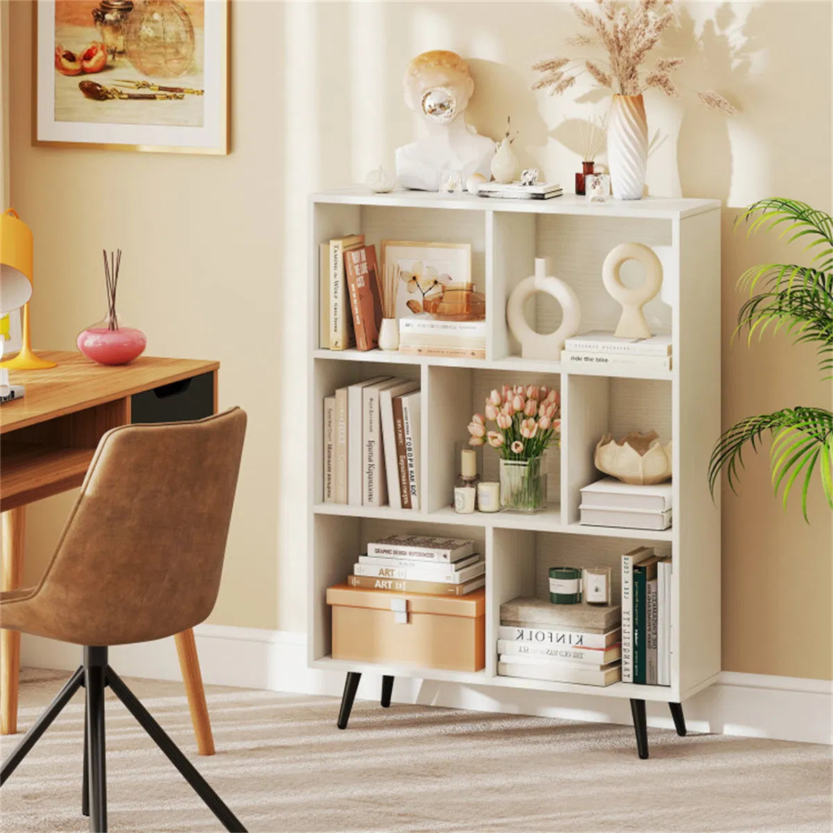 7 Cube Bookcase 3-Tier Modern Storage Organizer with 4 Metal Legs Bookshelves