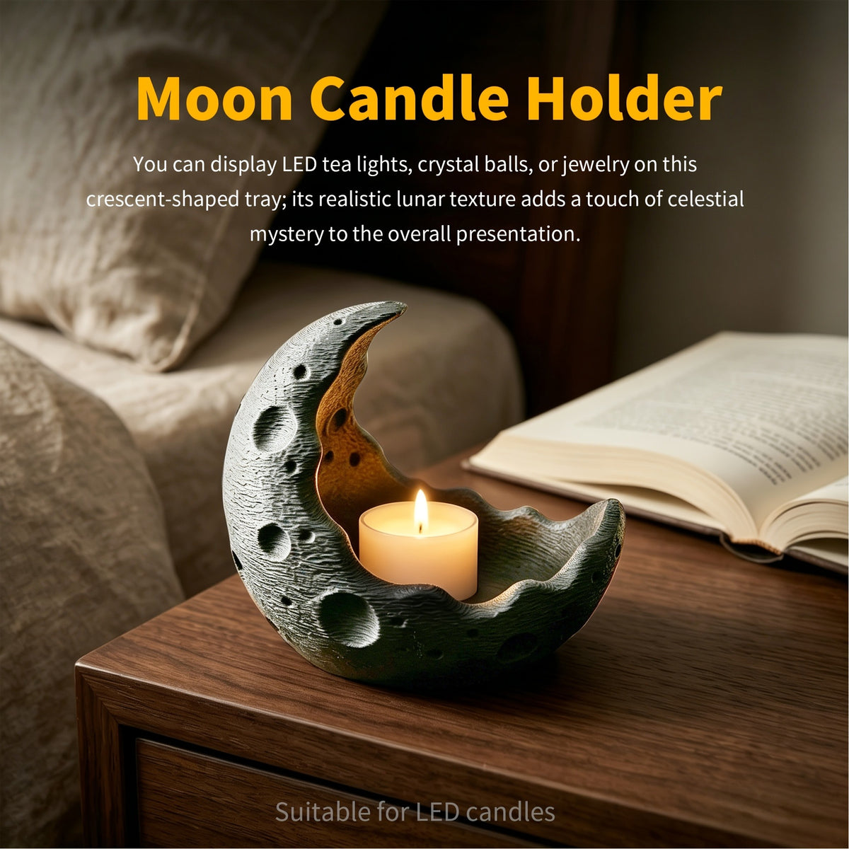 Crescent Moon Candle Holder & Display Tray, Lunar Texture, Gray