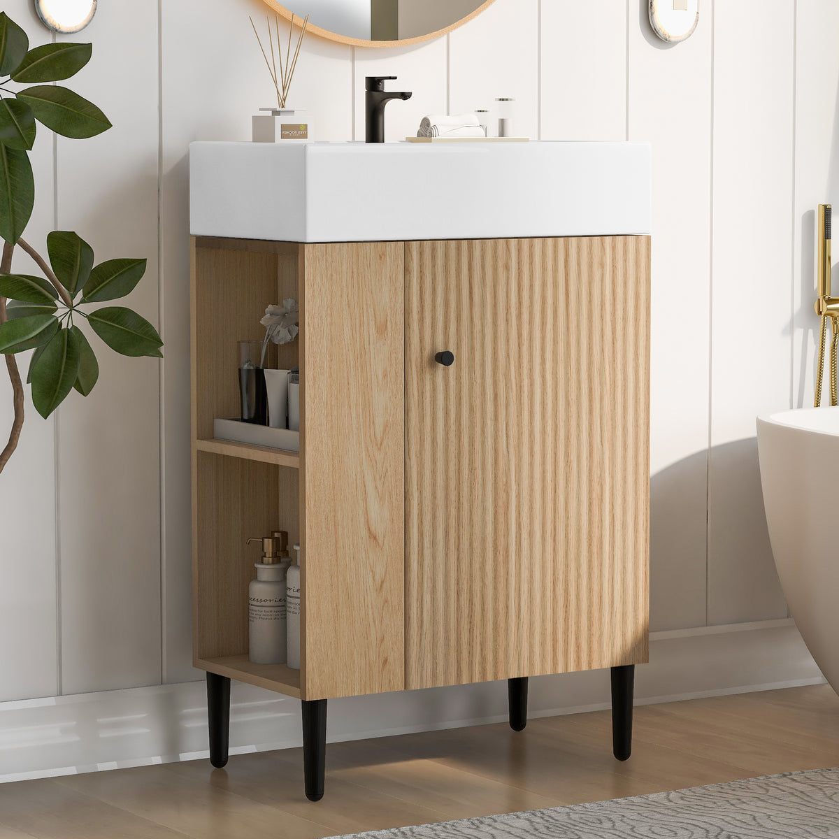 21.6" Wood Bathroom Vanity, Combo Cabinet, Bathroom Storage Cabinet, Single Ceramic Sink, Natural Wood