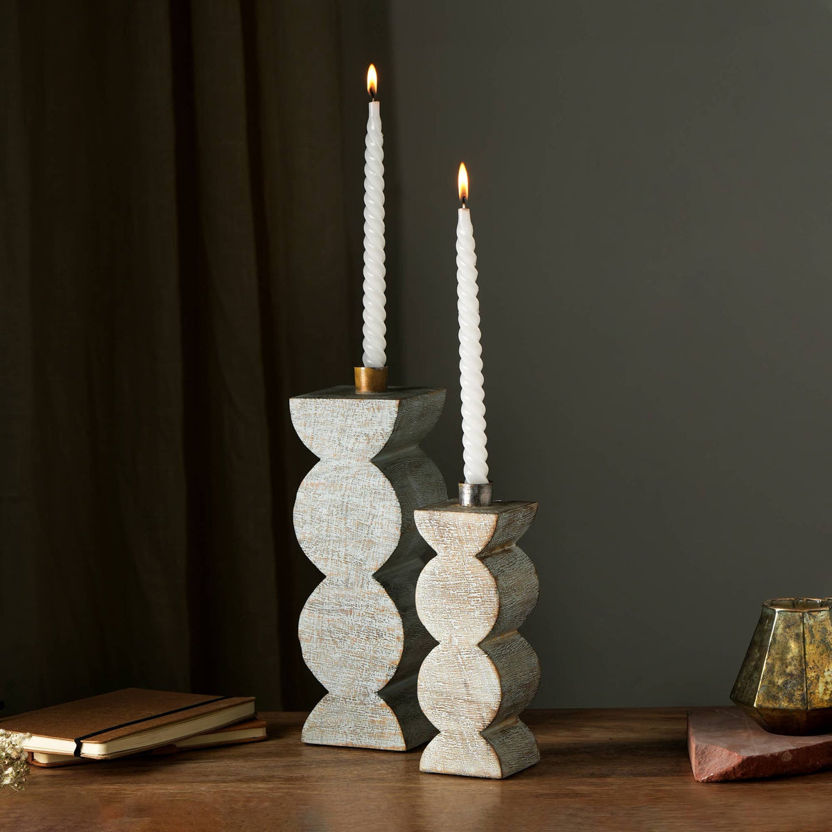White Wood Pillar Candle Holder, 3 x 9 in