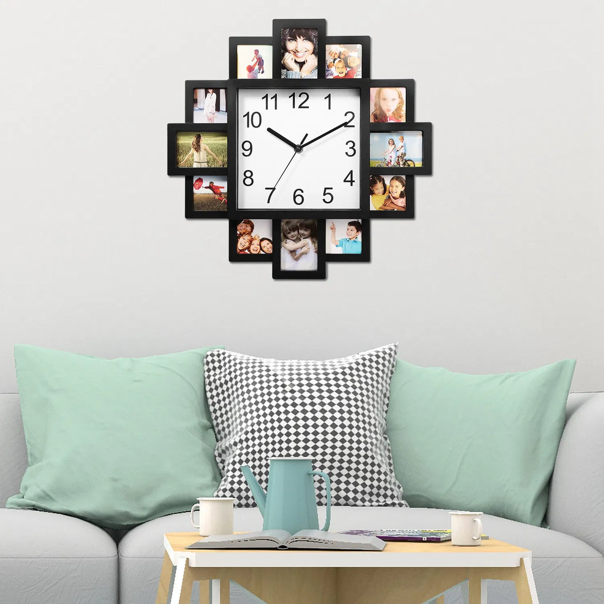 2-in-1 Wall Clock & Photo Collage Frame, 12 Photos, Black