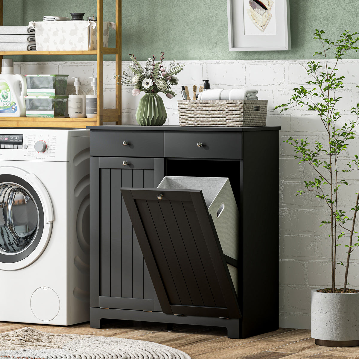 Laundry Hamper Cabinet, Laundry Cabinet with 2 Tilt Out Laundry Baskets and 2 Drawers, Brown