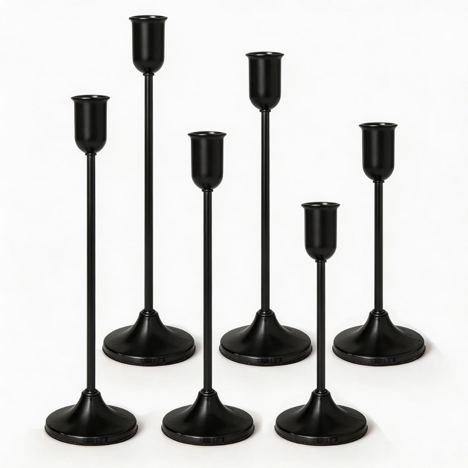 Black Metal Taper Candle Holders With Weighted Base, Set of 6