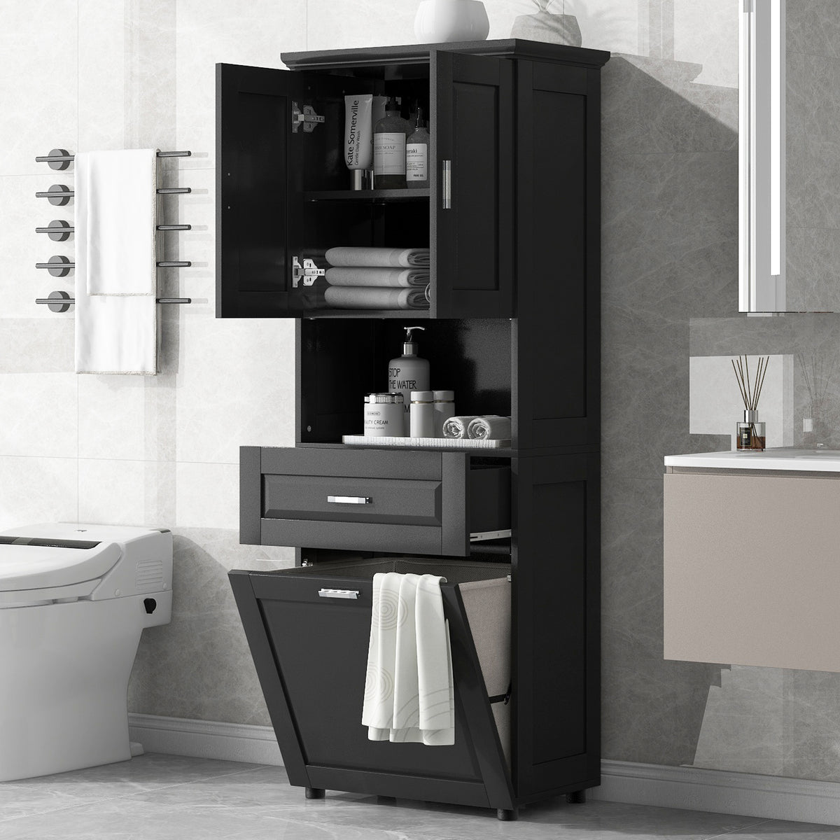 Tall Bathroom Cabinet With Laundry Basket, Large Storage Space Tilt-Out Laundry Hamper