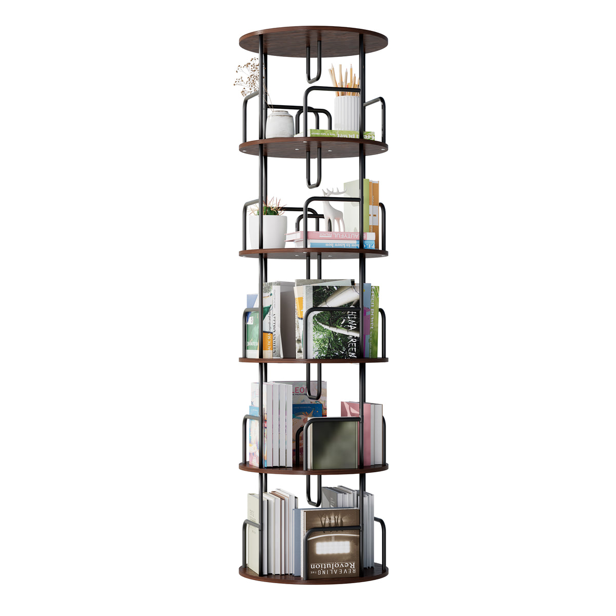Rotating Bookshelf Tower 5 Tier Spinning Bookcase Revolving 360 Book Shelf Narrow Tall Bookcase Vertical Turning Round Storage Bookshelf Book Shelf Organizer For Bedroom Living Room Brown