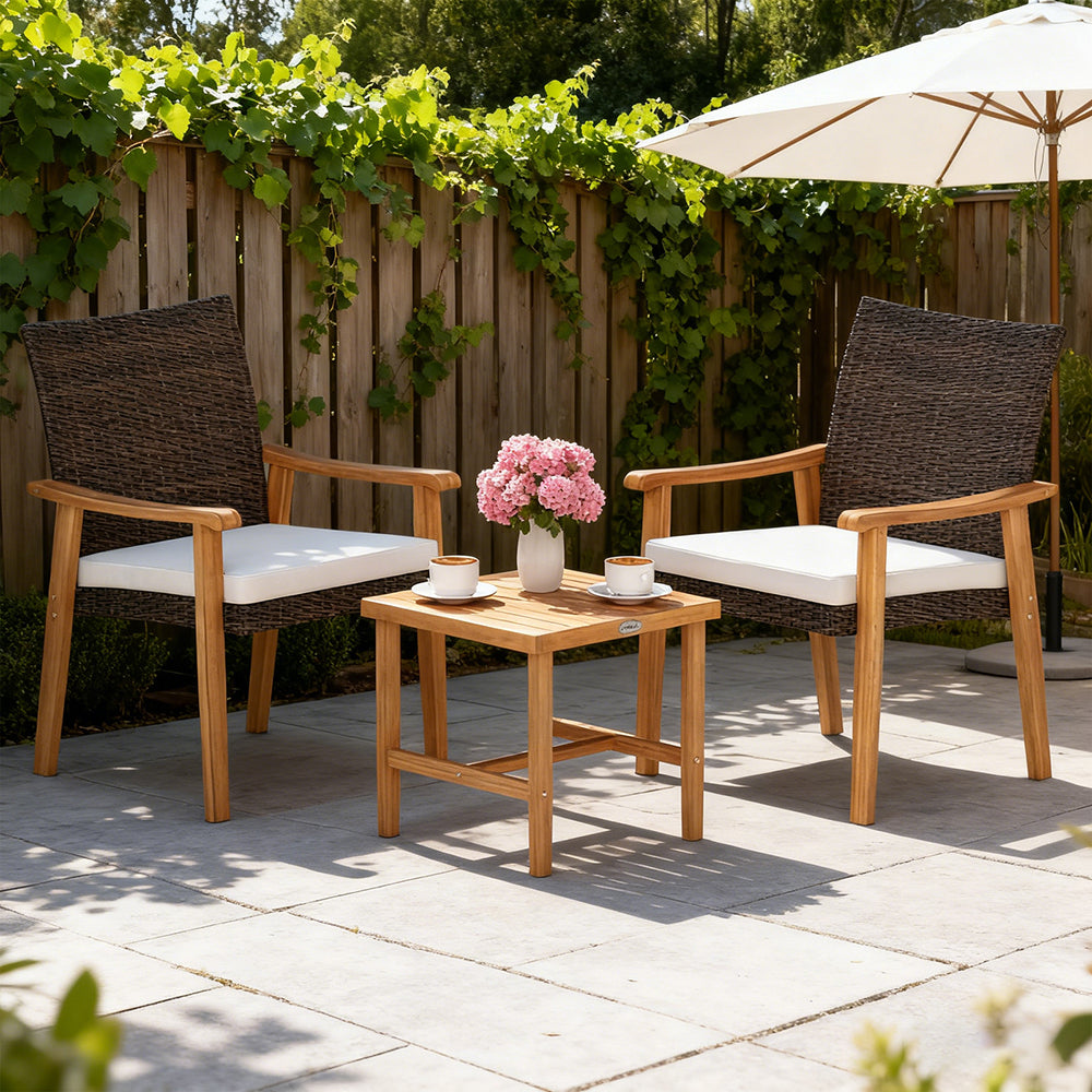 3 Pieces Patio PE Wicker Furniture Set Acacia Wood Outdoor Conversation