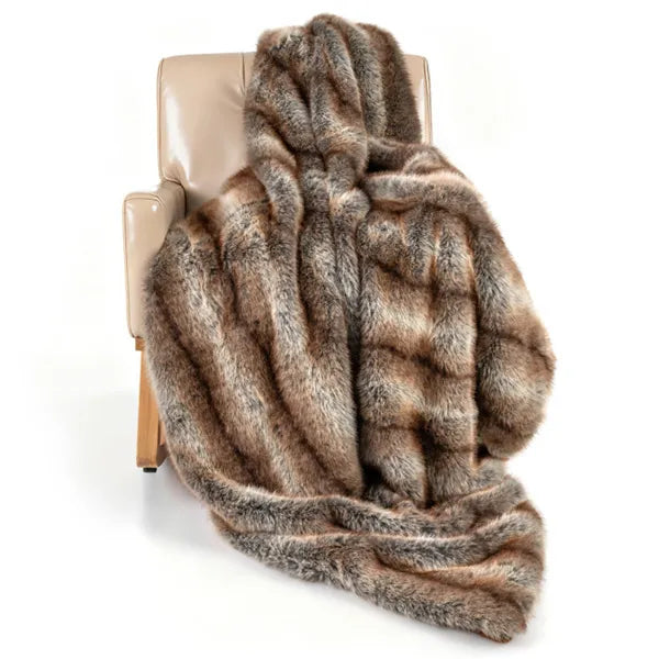 Faux Fox Fur Throw Blanket, 60 x 80 in, Brown Taupe
