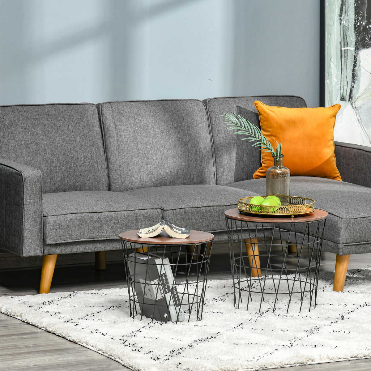 End Tables Set of 2, Nesting Tables with Storage, Round Accent Side