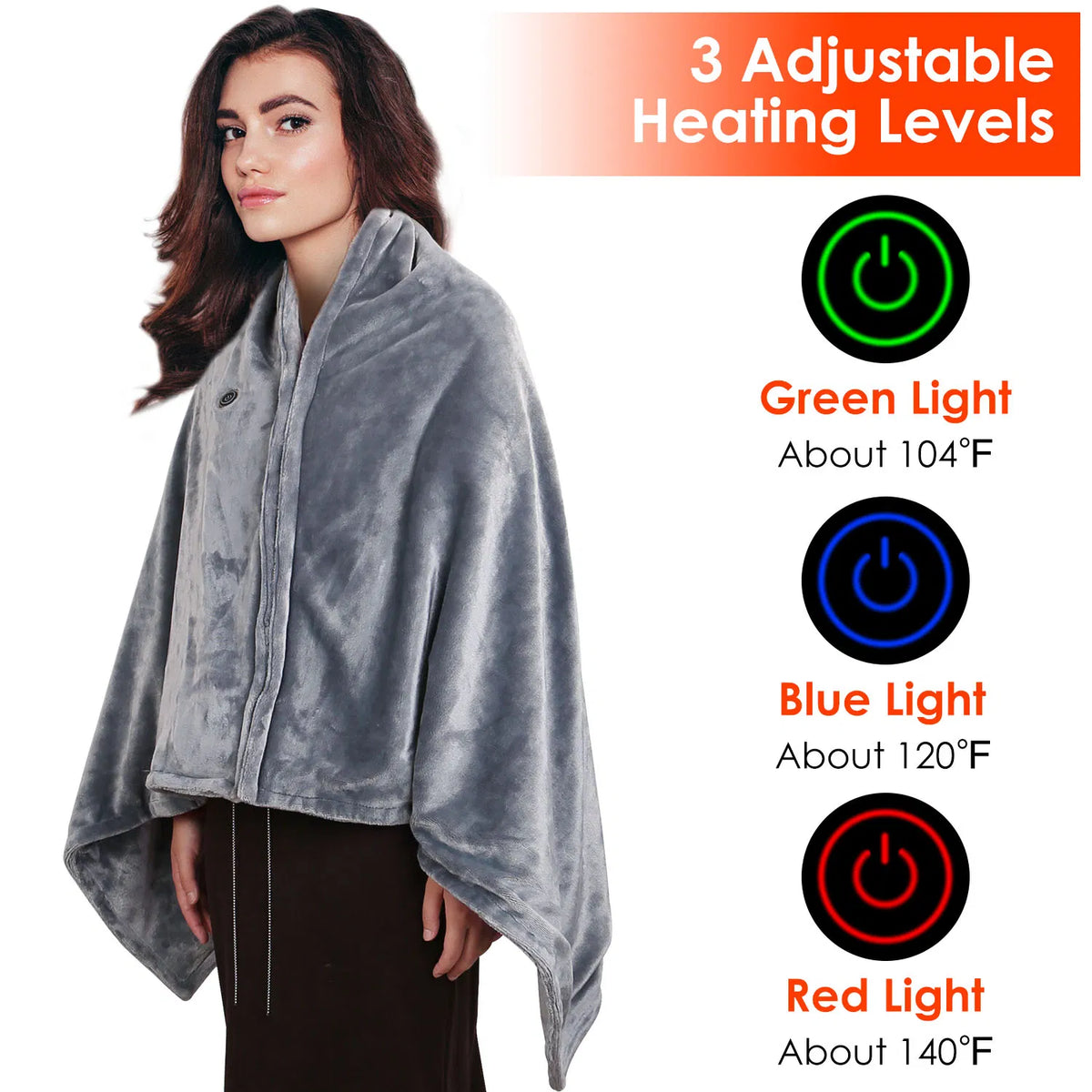 Wearable USB Heated Shawl Blanket, 8 Heating Zones, 3 Heat Settings, Zip Front, Grey